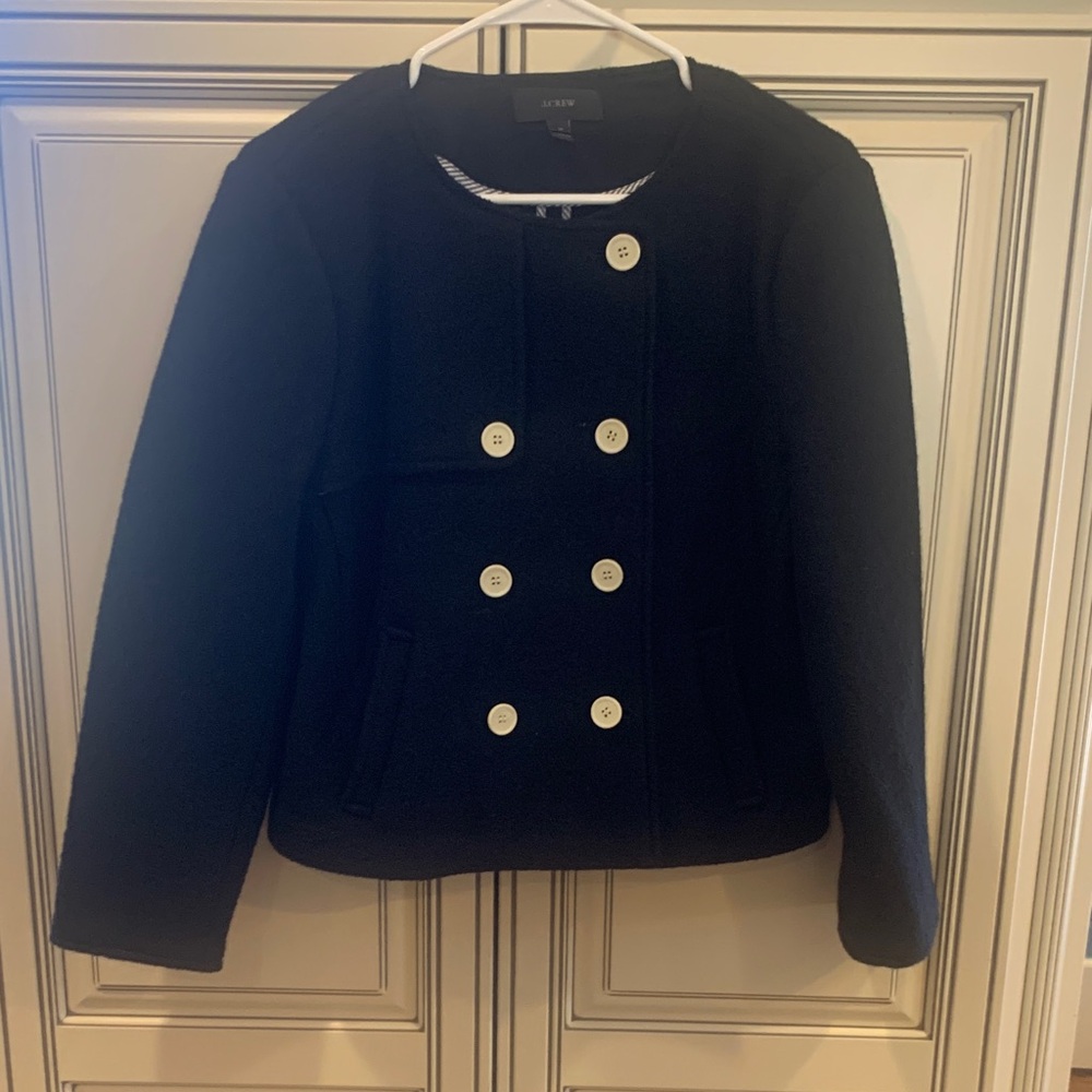 J Crew Midnight Black Pea Coat with Ivory Buttons